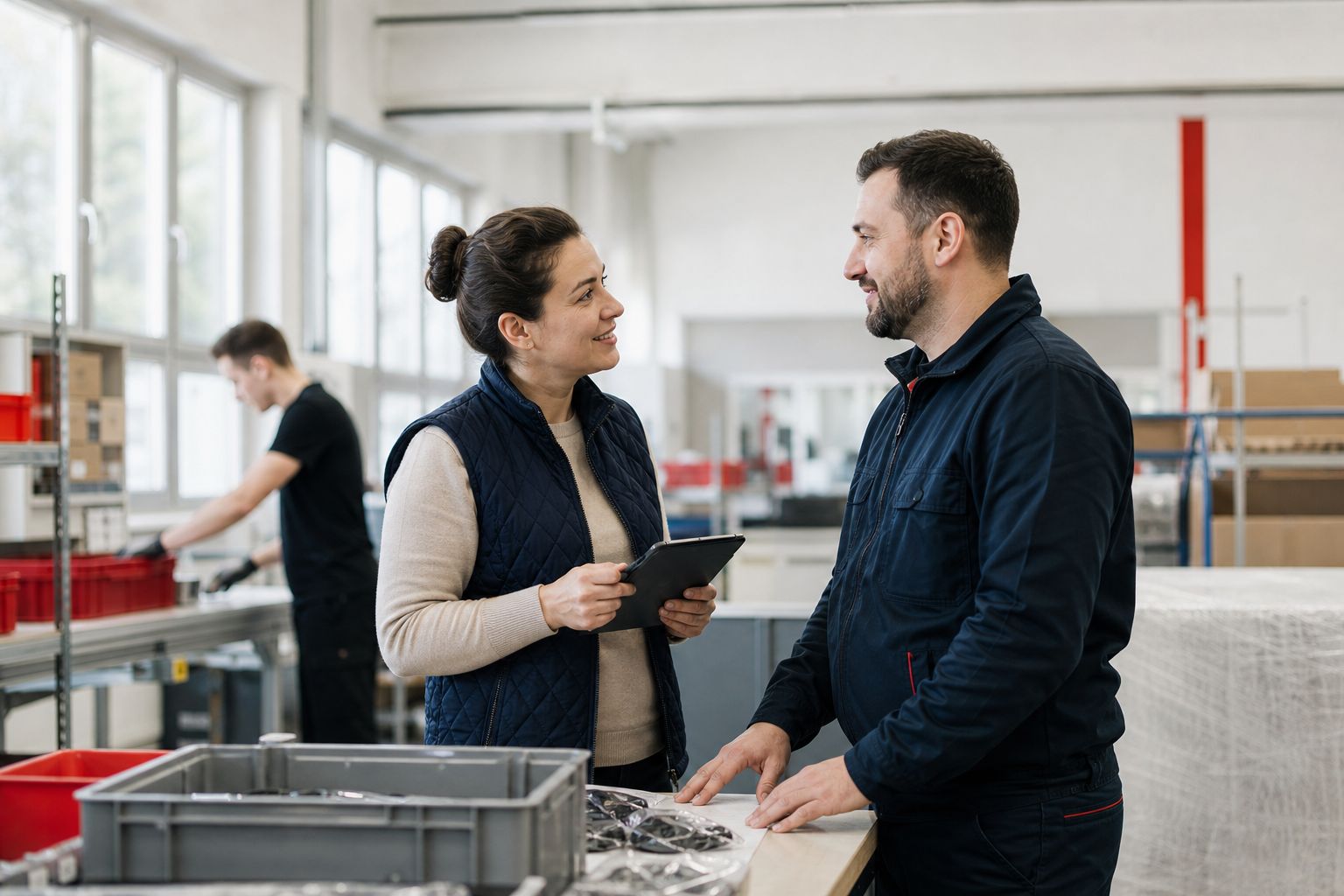 Pracownicy rozmawiają w jasnym zakładzie produkcyjnym.
